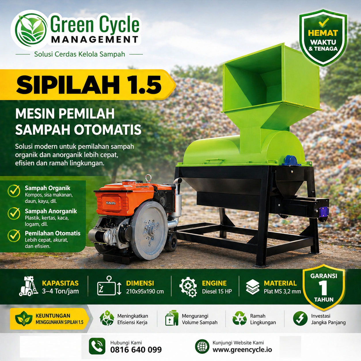 Mesin pemilah sampah besar 3-4 ton per jam diesel 15 HP